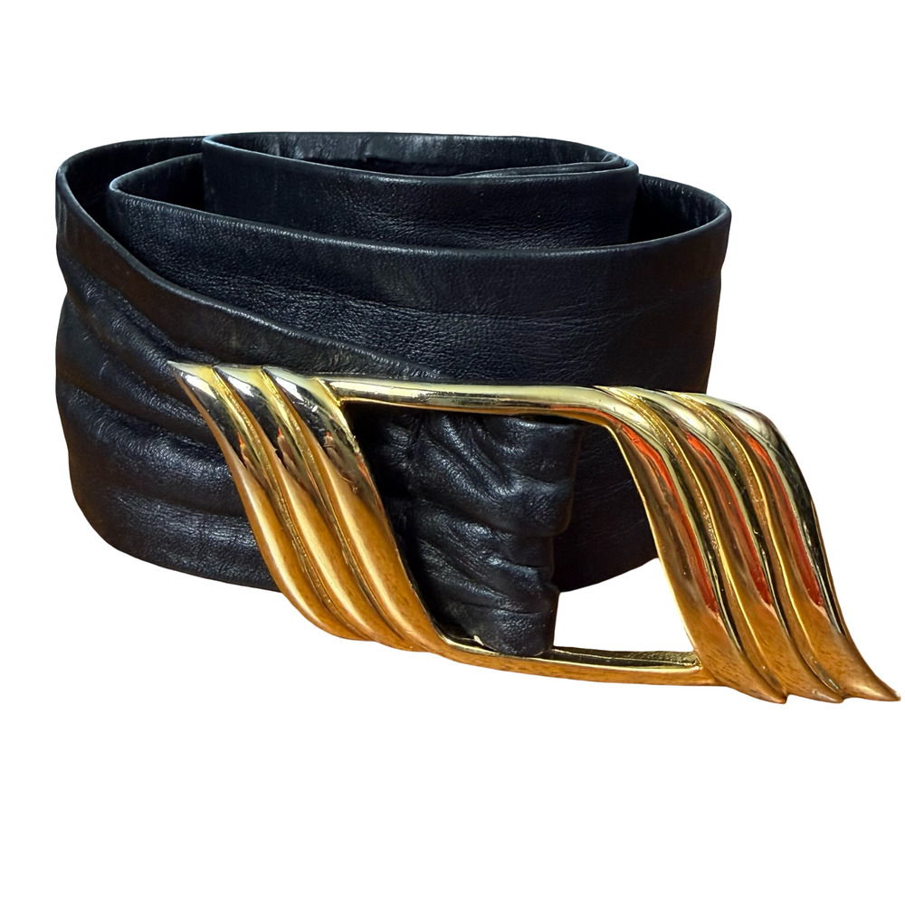 Schaffer Vintage Black Soft Leather Adjustable Slide Belt Gold Buckle 24-28" XS